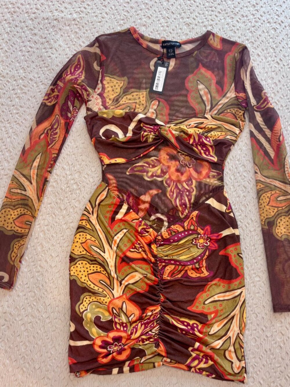 PLT Brown Floral Mesh Ruched Bodycon Dress NWT 6